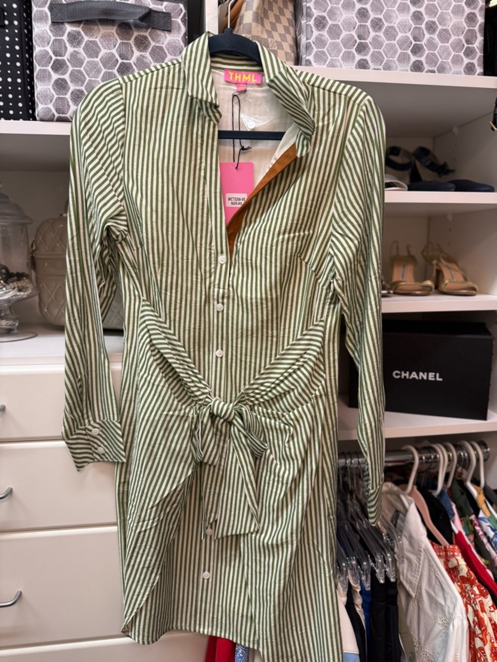 THML Olive Green & White Vertical Stripe Tie-Front Shirt Dress